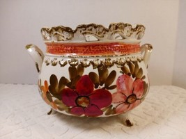 Bassano Italy Centerpiece Pottery Handpainted Planter Pot Handles Feet 5.5&quot;tx8&quot;w - £26.11 GBP