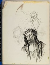 Graphite Sketch Drawing on Paper Mid Century Jesus - $74.24