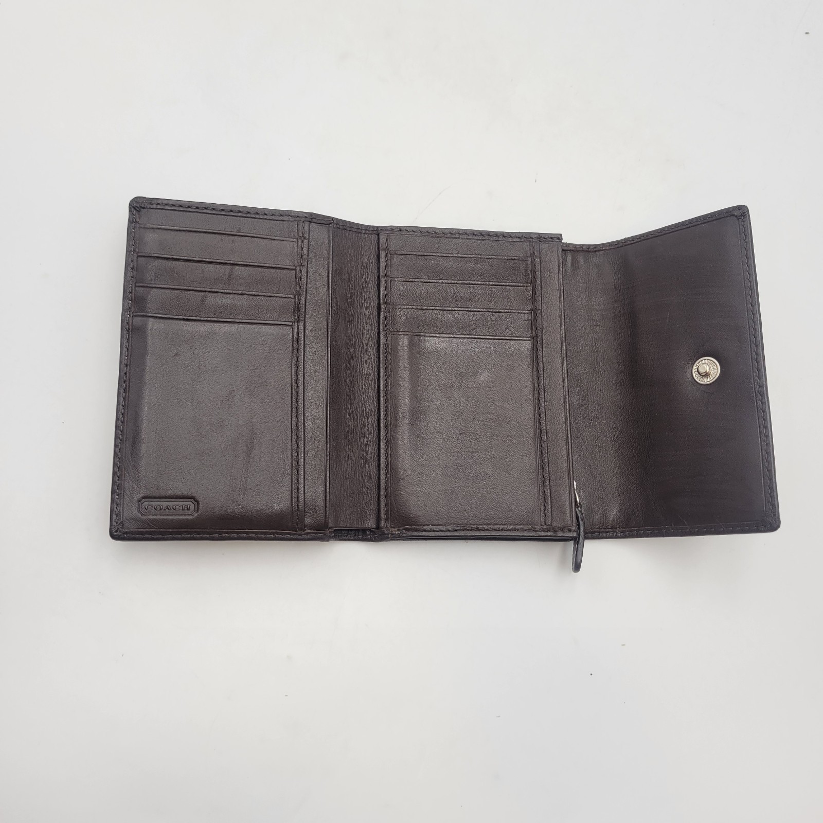 COACH Brown Signature Canvas Trifold Wallet Snap Closure Silver Hardware Item image 8