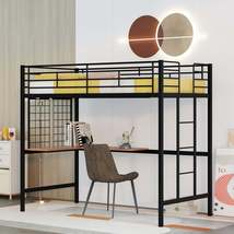Twin Metal Loft Bed with Desk and Metal Grid,Black - £238.46 GBP