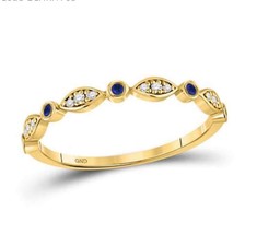 10K Yellow Gold Round Blue Sapphire Diamond Stackable Band Ring 1/10ctw - £506.84 GBP