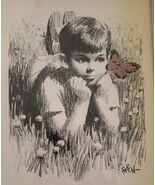 Vintage Intercraft Black &amp; White Charcoal Print ~ Signed "Saron" Boy W/B... - $40.00