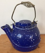 Vtg Cast Iron Blue Enamel Speckleware Wood Stove Top Heavy Duty Water Ke... - $79.19