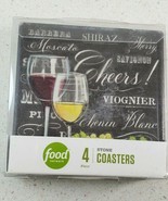 Food Network 4 Piece Stone Coasters Cork Backing Wine Glass With Wine Na... - $17.72