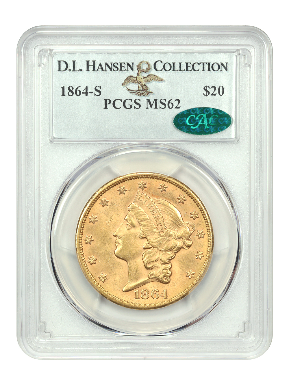 Primary image for 1864-S $20 PCGS/CAC MS62 ex: D.L. Hansen