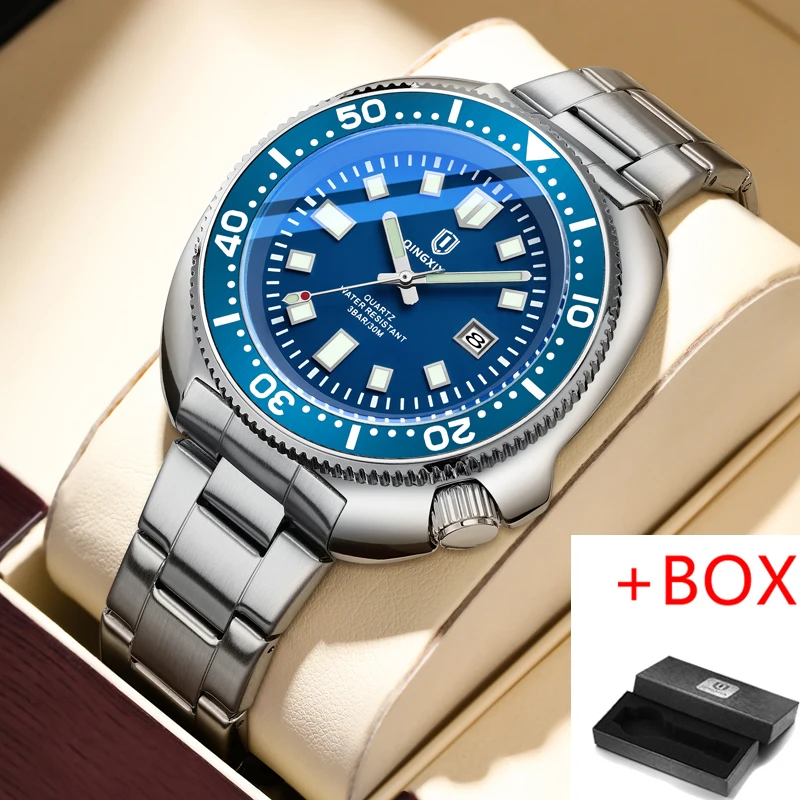 QINGXIYA Fashion Blue Quartz Watch Men Stainless Steel Waterproof Lumino... - $35.19