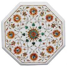 12&quot; White Marble Coffee Table Top Hakik Stone Pietradure Inlay Eid Exclusive - $285.72