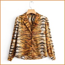 Casual Lapel Collar Long Sleeve Front Button Down Tiger Striped Cotton Shirt