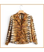 Casual Lapel Collar Long Sleeve Front Button Down Tiger Striped Cotton S... - £45.52 GBP