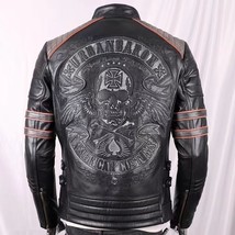 Men&#39;s Motorcycle Leather Jacket Stand Collar Embroidered - £118.26 GBP