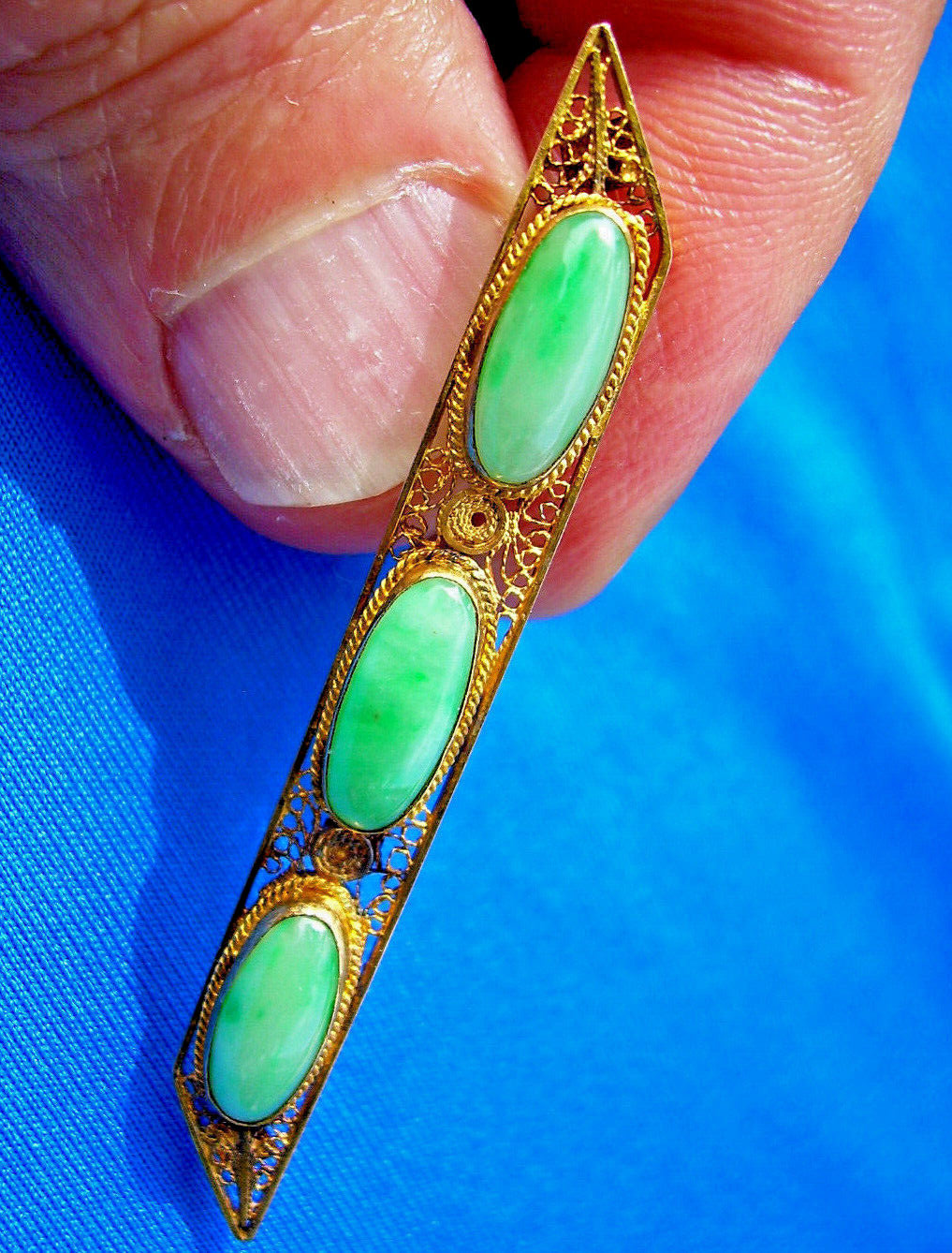 Earth mined Jade Antique Deco Brooch Victorian Filigree Solid 14k Gold Bar Pin Item image 3