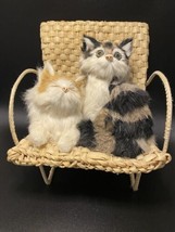 Real Fur 2 KITTY CAT Kittens Cats Cuddled on Chair Buddies for Office Figurine - £35.00 GBP