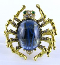 Kenneth Jay Lane, Gold and Crystal Spider Ring with Green Eyes and Faux Sapphire - £53.47 GBP