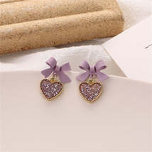 Purple Enamel &amp; Cubic Zirconia 18K Gold-Plated Bow Heart Drop Earrings - £10.94 GBP