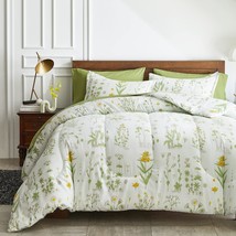 6 Piece Bed In A Bag Twin, Green Leaves Yellow Flower Botanical Design, Smooth S - £67.85 GBP