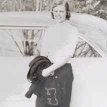 Young Lady W/ Classic Car &amp; Varsity Jacket Original Photo BW Vintage Phonograph - £7.95 GBP