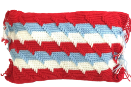 Vintage Pillow Hand Crochet Red White Blue Geo Mod Stripe Fringe 20&quot; grannycore - £15.78 GBP