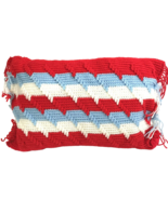 Vintage Pillow Hand Crochet Red White Blue Geo Mod Stripe Fringe 20&quot; gra... - £15.63 GBP