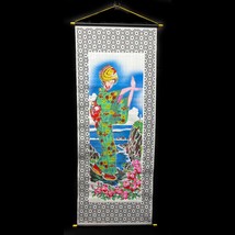 Lace Wall Scroll Lady Japanese Kimono Colorful Hand Painted Vintage 34x1... - $19.77