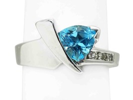 Trillion-Cut Natural Blue Topaz &amp; Diamond Ring 14k White Gold Size 7 - £586.57 GBP