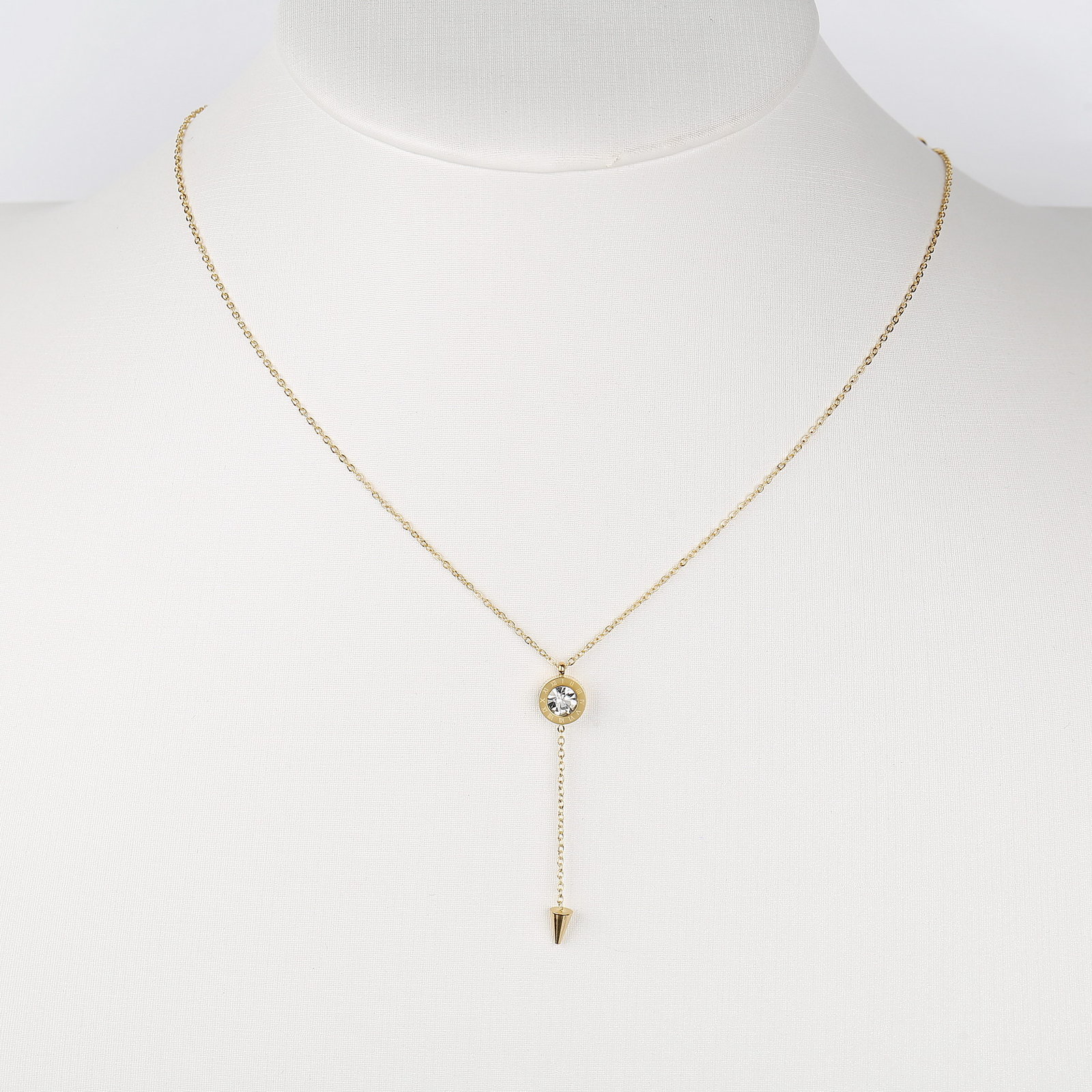 Gold Tone Y Style Solitaire Necklace With Swarovski Style Crystal