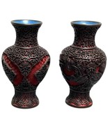 Pair Vintage Chinese Cinnabar Lacquer Vases Blue Interior Floral Figural... - $96.18 CAD
