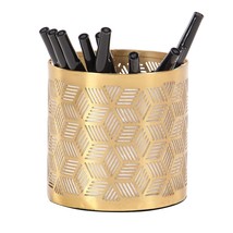 Deco 79 Metal Geometric Pencil Cup with Laser Carved Design, 4&quot; x 4&quot; x 4&quot;, Gold - £17.43 GBP