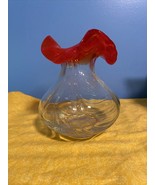 Vintage Hand Blown Art Glass Vase Clear with Red Ruffled Rim  6&quot; Murano ... - $32.73