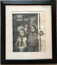 Vintage Ink on Paper Print Two Girls at Doorway Mid Century Art - £193.81 GBP