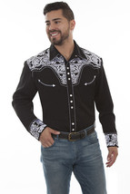 Men&#39;s Western Shirt Long Sleeve Rockabilly Country Cowboy Black White Floral - $90.97