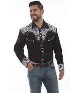 Men's Western Shirt Long Sleeve Rockabilly Country Cowboy Black White Fl... - $90.97