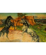 1974 SUSAN WILD HORSES PONY MARE STALLION OIL CANVAS PAINTING COWBOY WES... - $144.93