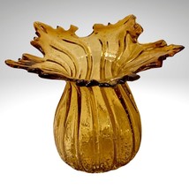 Amber Stretch Glass Vase Ribbed Body Sun Burst Fire Flare Mouth Hand Blown VTG - £42.60 GBP