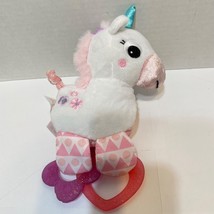 Bright Starts Baby Plush Unicorn Rattle Teether Clip Stuffed Animal 8&quot; - £7.68 GBP