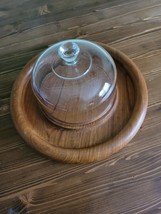 Vintage Goodwood Teak Wood Cheese Board Tray W/ Glass Cloche 6&#39; Dome - £29.89 GBP