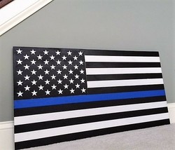 36&quot; x 19&quot; Large Hand-Crafted Thin Blue Line Wood American Flag for our Police - £46.96 GBP