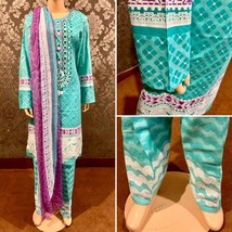 Pakistani Turquoise Printed Straight Shirt 3-PC Lawn Suit w/ Threadwork ,Large - £44.11 GBP
