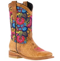 Kids Sand Western Boots Leather Paisley Flowers Cowgirl Square Toe Botas - £43.25 GBP