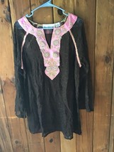 Denim 24/7 Boho Top Size 16 Sheer Brown Beaded Hippie Retro Flower Love Child - $14.96