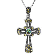 Vintage Style Byzantine Cross Abalone Shell Marcasite Sterling Silver Necklace - £28.48 GBP