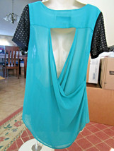 Turquoise Blue &amp; Black TOP DRESSY BLOUSE Soft Sheer Flowing, Sexy Back, ... - $8.95