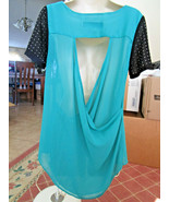 Turquoise Blue &amp; Black TOP DRESSY BLOUSE Soft Sheer Flowing, Sexy Back, ... - £7.75 GBP