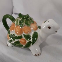 Ceramic Turtle Teapot Cottagecore Tortoise with Leaf Lid Green White 6x9.5&quot; - £12.05 GBP