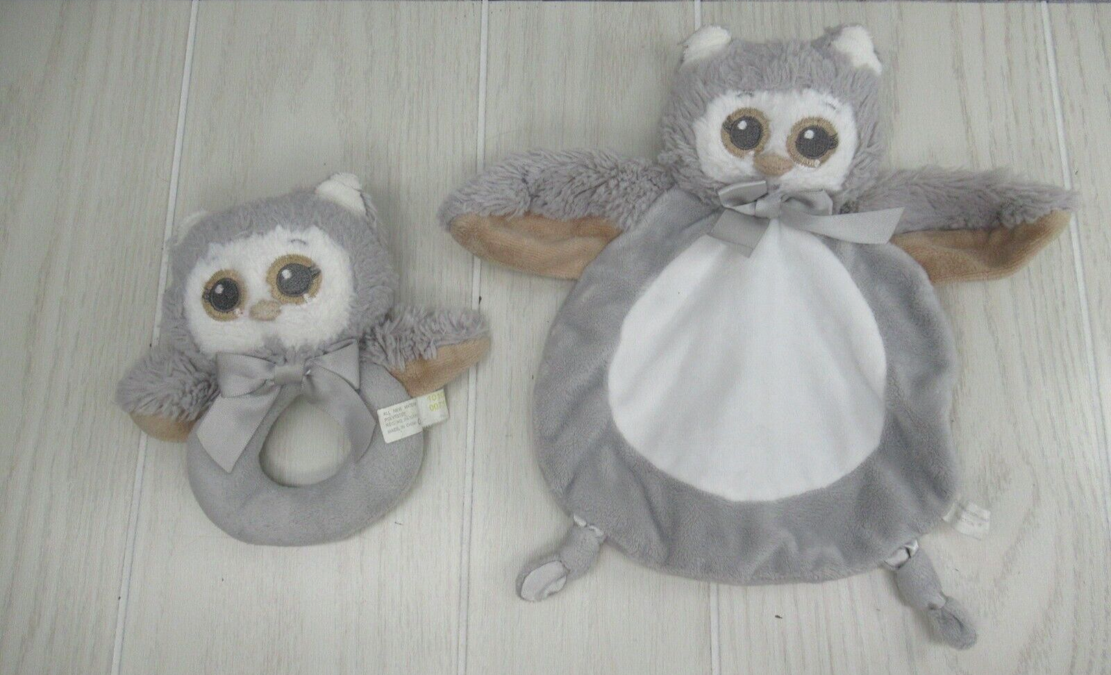 Bearington Baby Wee Owlie small gray owl lovey security blanket ring rattle set - £7.77 GBP