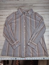 Vintage Nylon Zigzag Stripe Women&#39;s Button Down Long Sleeve Blouse Tan Brown - £22.00 GBP