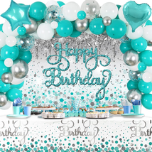 Happy Birthday Decorations Teal Balloon Garland for Girls Birthday Teal and Silv - £28.90 GBP