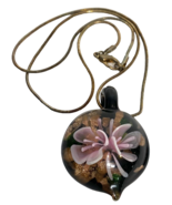 Vintage Bronze and Pink Floral Blown Glass Pendant Necklace with Silver ... - $12.34