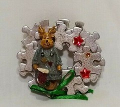 Christmas Puzzle Pieces Reindeer Pin Brooch 2 1/2&quot; Cardboard Resin Handmade - £11.79 GBP
