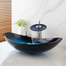 Bathroom Oval Blue&amp;Black Tempered Glass Vessel Sink Basin Waterfal Mixer Tap Set - £137.60 GBP