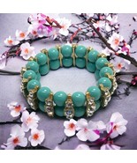 faux Turquoise lucite  Bead Rhinestone Spacer Stretch Bracelet Unsigned - $22.79 CAD